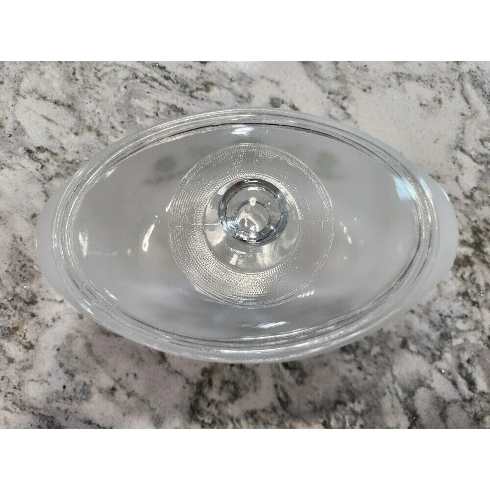 Vintage Glasbake J235 1QT Casserole Dish Green Daisy Milk Glass Oval With Lid